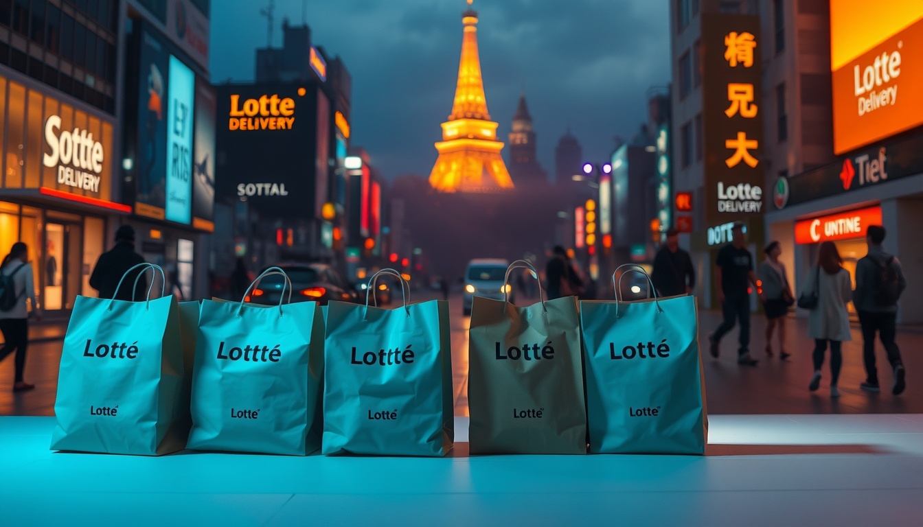 유통딜리버리 롯데 - flat lay of shopping bags and delivery boxes on white background, Lotte delivery service concept