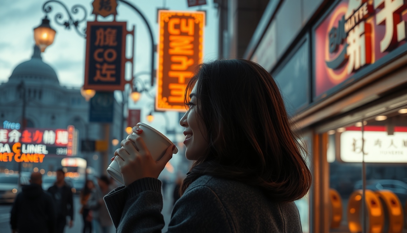 유통혁명 사는 - upper body shot of Korean woman with face visible, smiling and enjoying coffee in a modern lifestyle shopping complex, natural hands holding cup