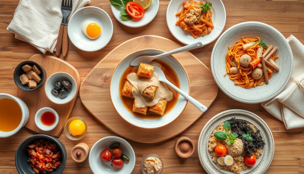 부산시 맛집 - flat lay of various Busan street food on wooden table, including tteokbokki and sundae, Busan city restaurant concept