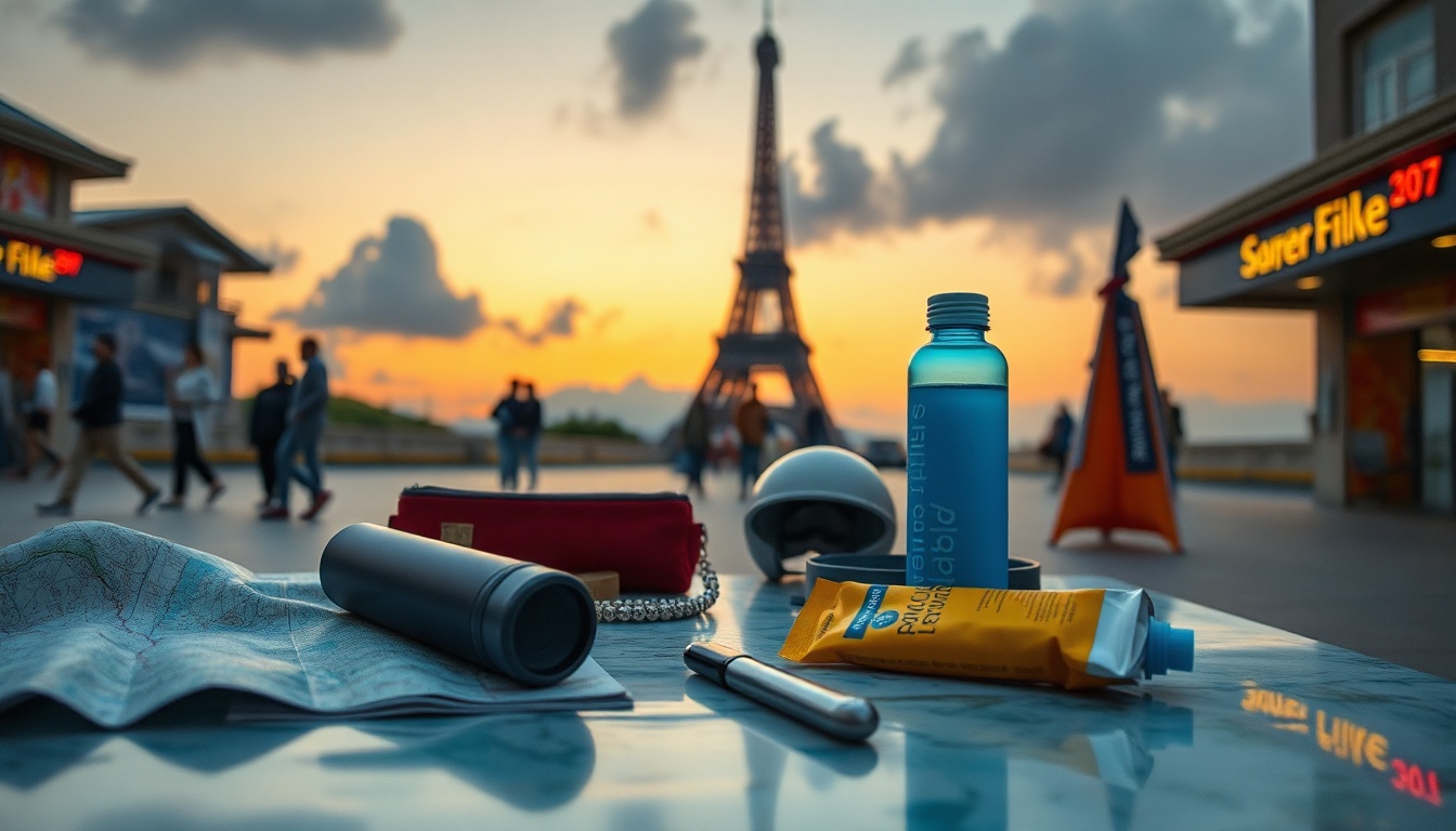고유가 고물가 - flat lay of travel essentials including map, water bottle, sunscreen, and snacks on wooden table, budget travel concept