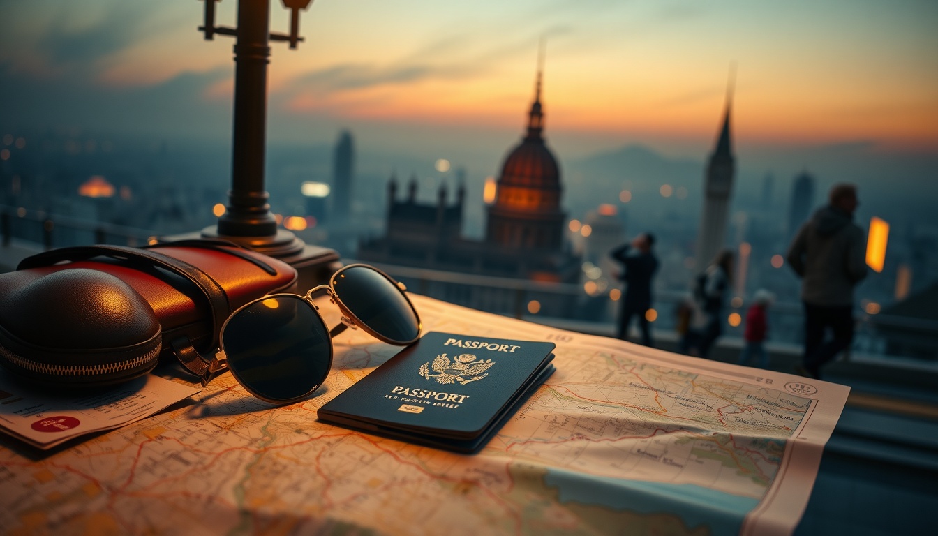 이슈 고유가 - flat lay of travel essentials including passport, sunglasses, and map on a bright summer background, high cost travel budget concept