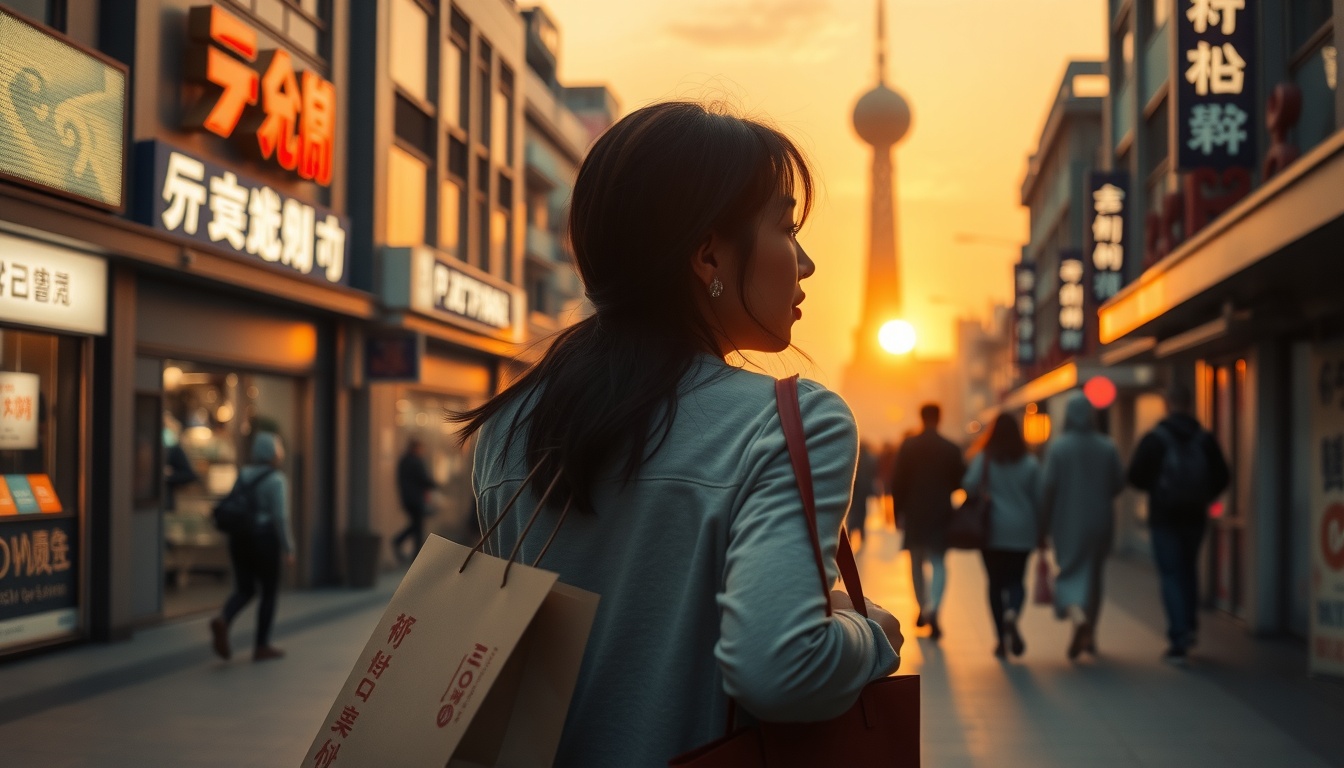 이주의 유통포인트 - Korean woman upper body shot with face visible, holding shopping bags in front of a luxury department store, natural hands, spring fashion