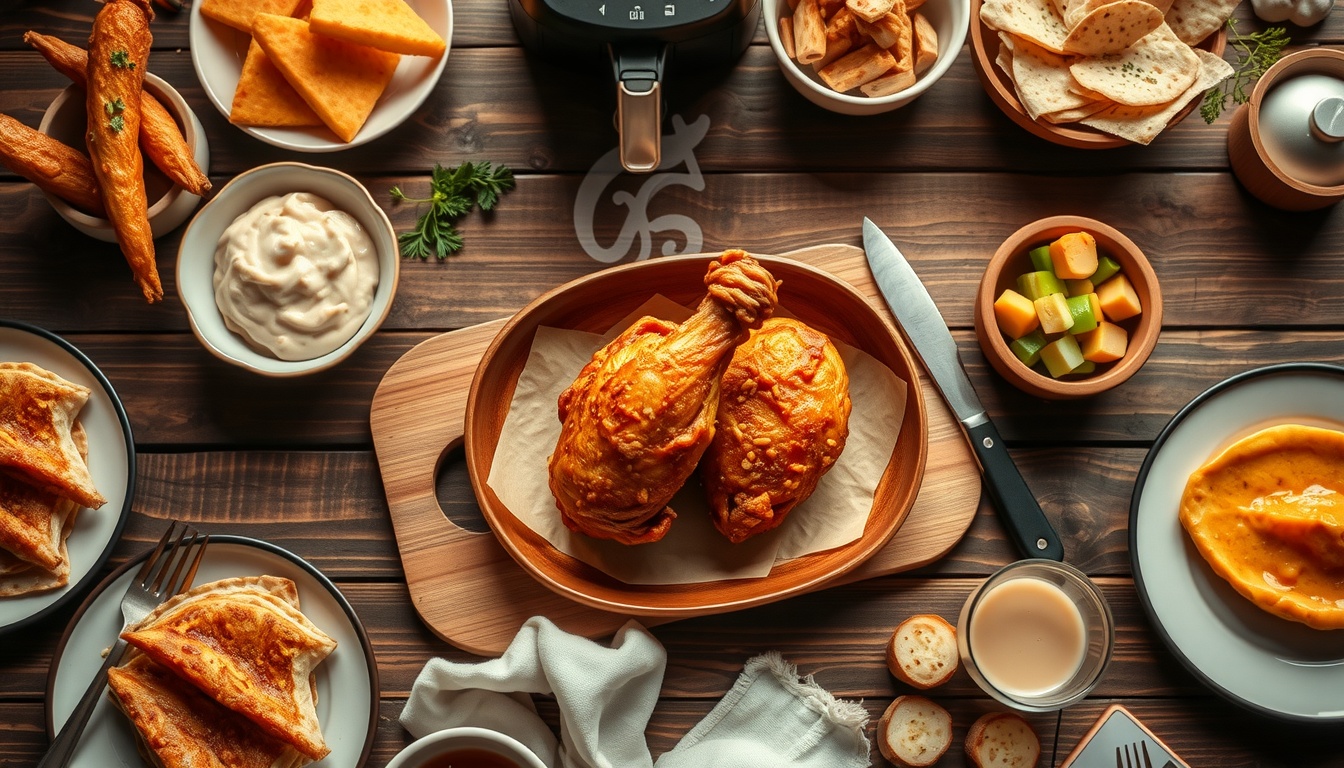 에어프라이어 요리 - air fryer cooking recipes spread on wooden table with golden crispy chicken wings, shrimp, and sweet potato, natural food photography