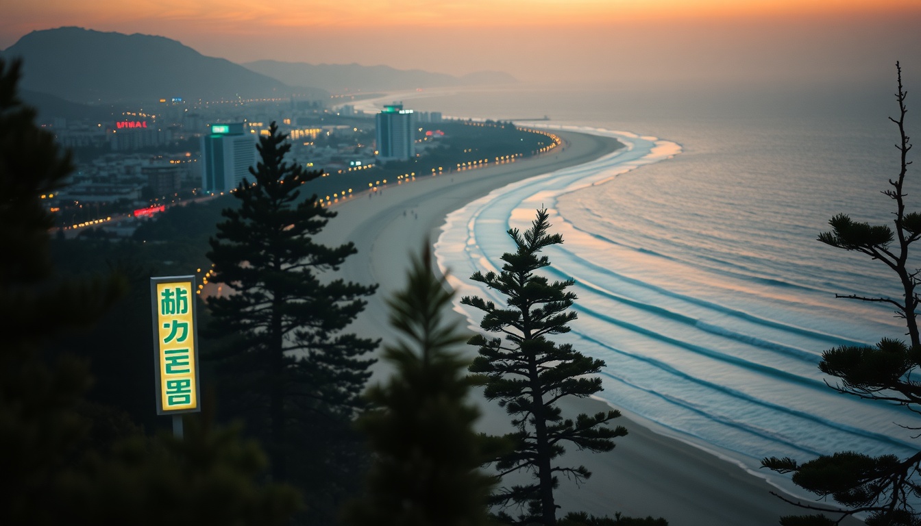 여름휴가 번지 - aerial view of Gangwon-do summer beach with turquoise water and pine trees, summer vacation destination Korea