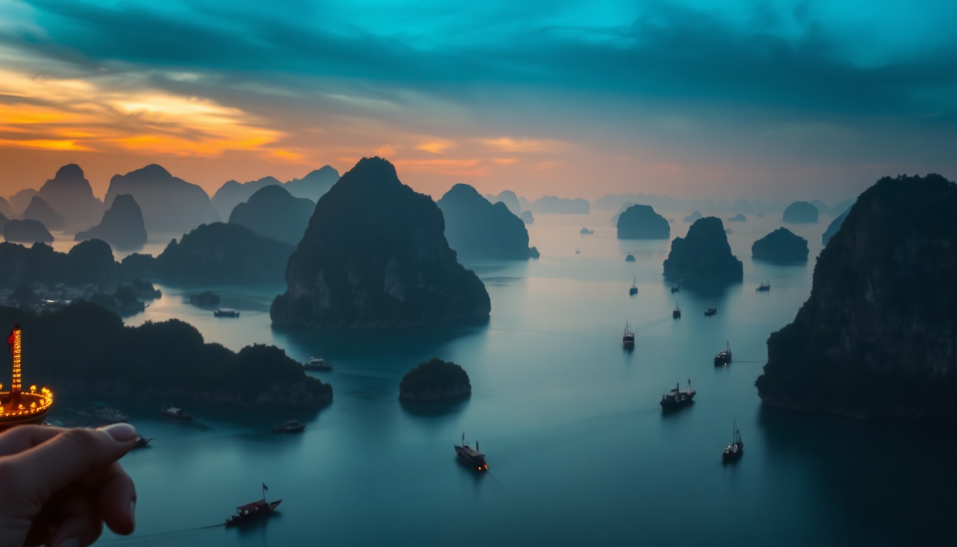 베트남 여행 - aerial view of Ha Long Bay Vietnam with limestone islands and turquoise water, golden hour light, travel destination concept