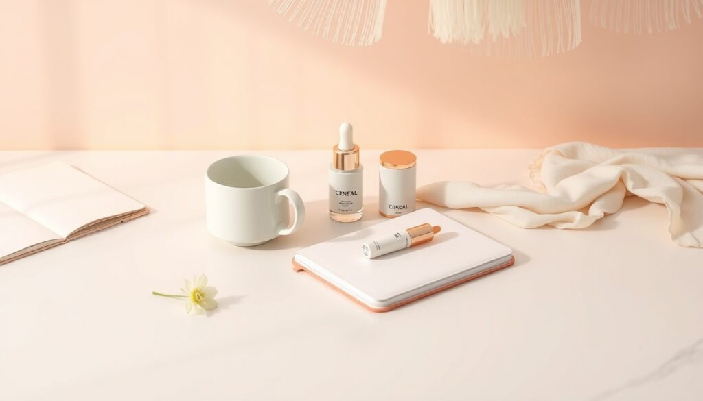 미니멀 라이프 - flat lay of minimal lifestyle items – white mug, small plant, notebook on clean white desk, minimal life concept