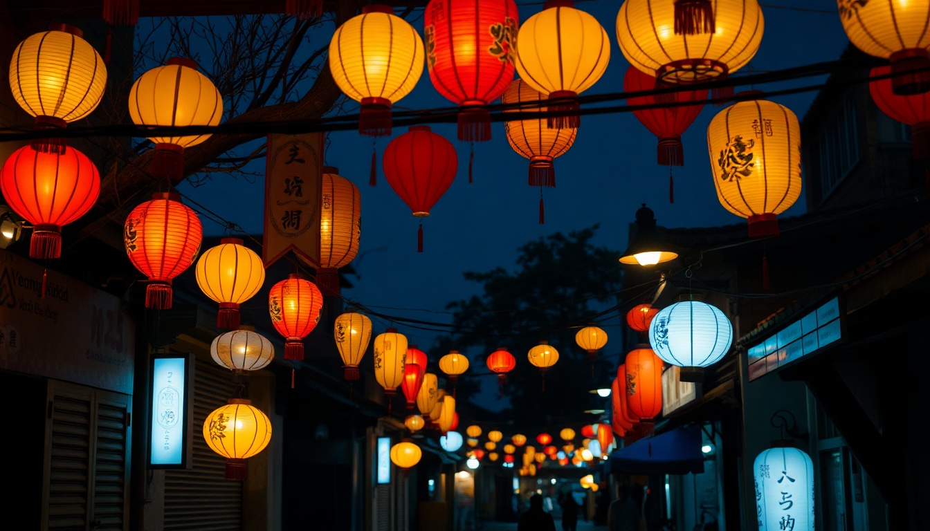 다낭 여행 - colorful lanterns hanging over street in Hoi An ancient town at night, Da Nang travel Vietnam, warm atmosphere