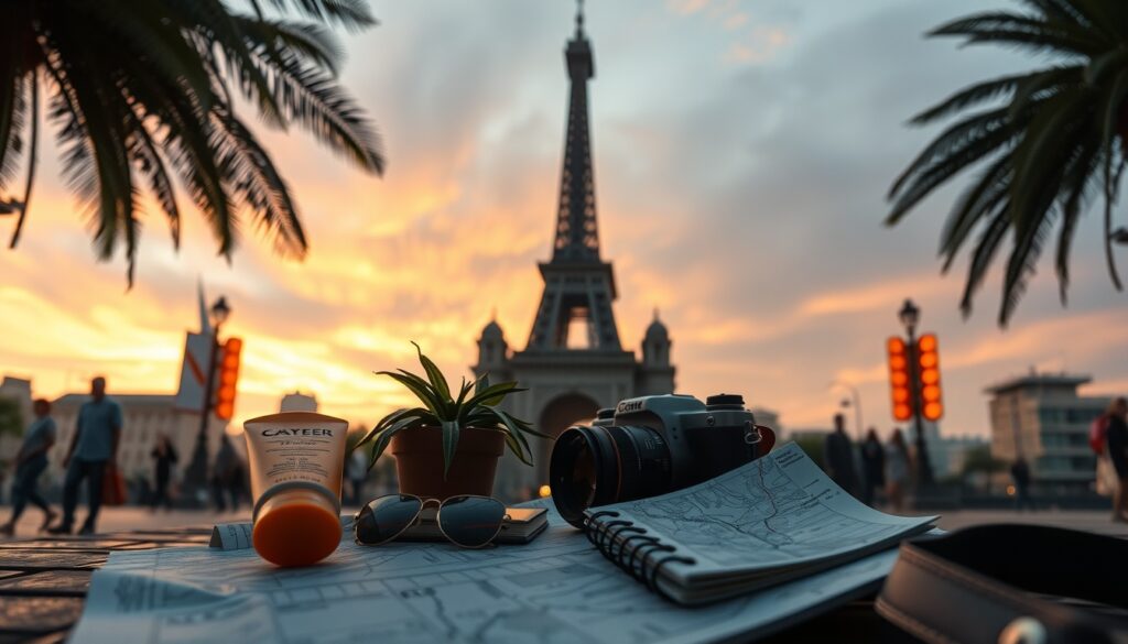 라이프 트렌드 - flat lay of summer travel essentials including sunscreen, map, journal, and camera on pastel background, lifestyle trend concept