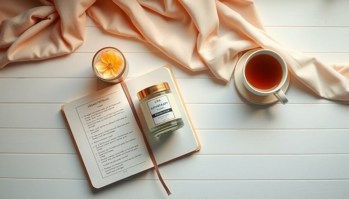스트레스 해소 - flat lay of aromatherapy candle, journal, and herbal tea on white wooden desk, stress relief lifestyle concept