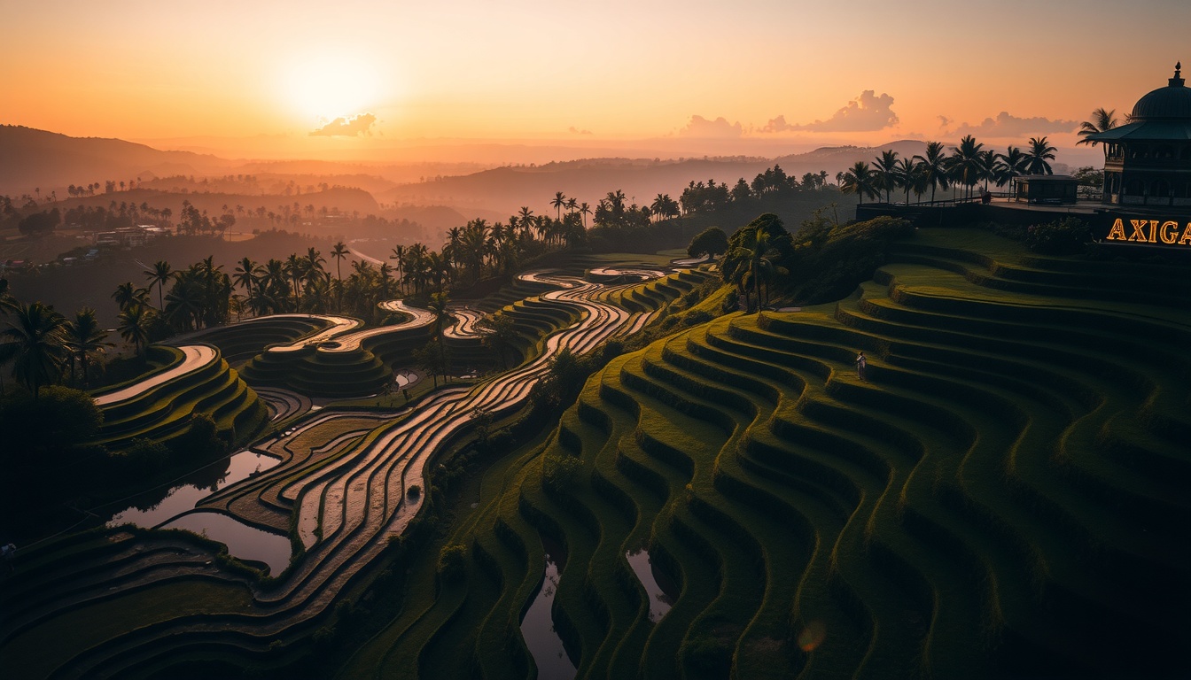 발리 여행 - aerial view of Bali rice terraces and tropical landscape, golden sunset light, travel destination concept