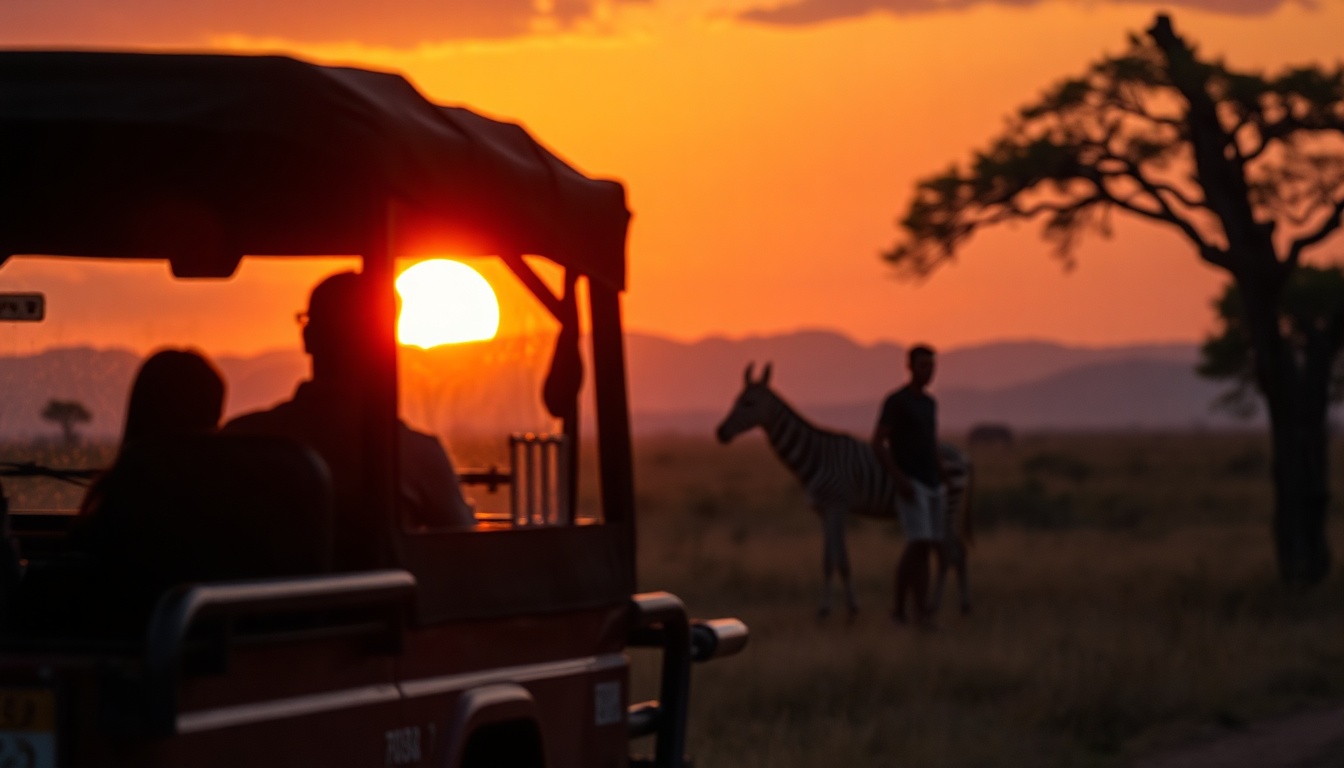 탄자니아 관광청 - Tanzania safari jeep at sunset in Serengeti with wildlife silhouettes, warm golden hour atmosphere