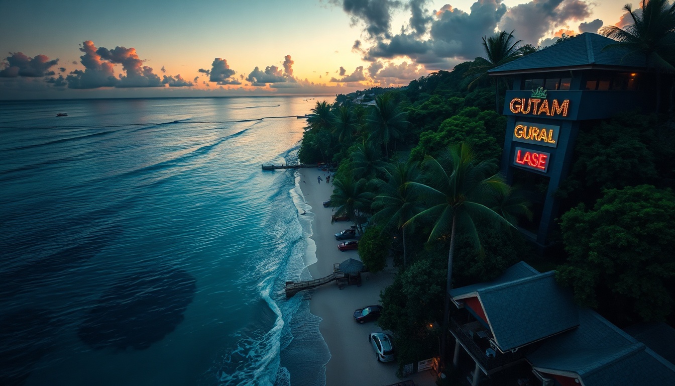 태풍 딛고 - aerial view of Guam beach resort with crystal blue water and lush greenery, travel destination concept