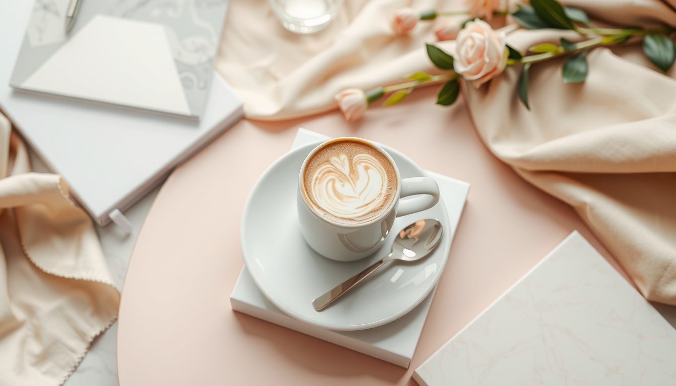 카페 추천 - flat lay of cozy cafe table with latte art coffee cup, flowers and notebook, warm aesthetic cafe recommendation concept