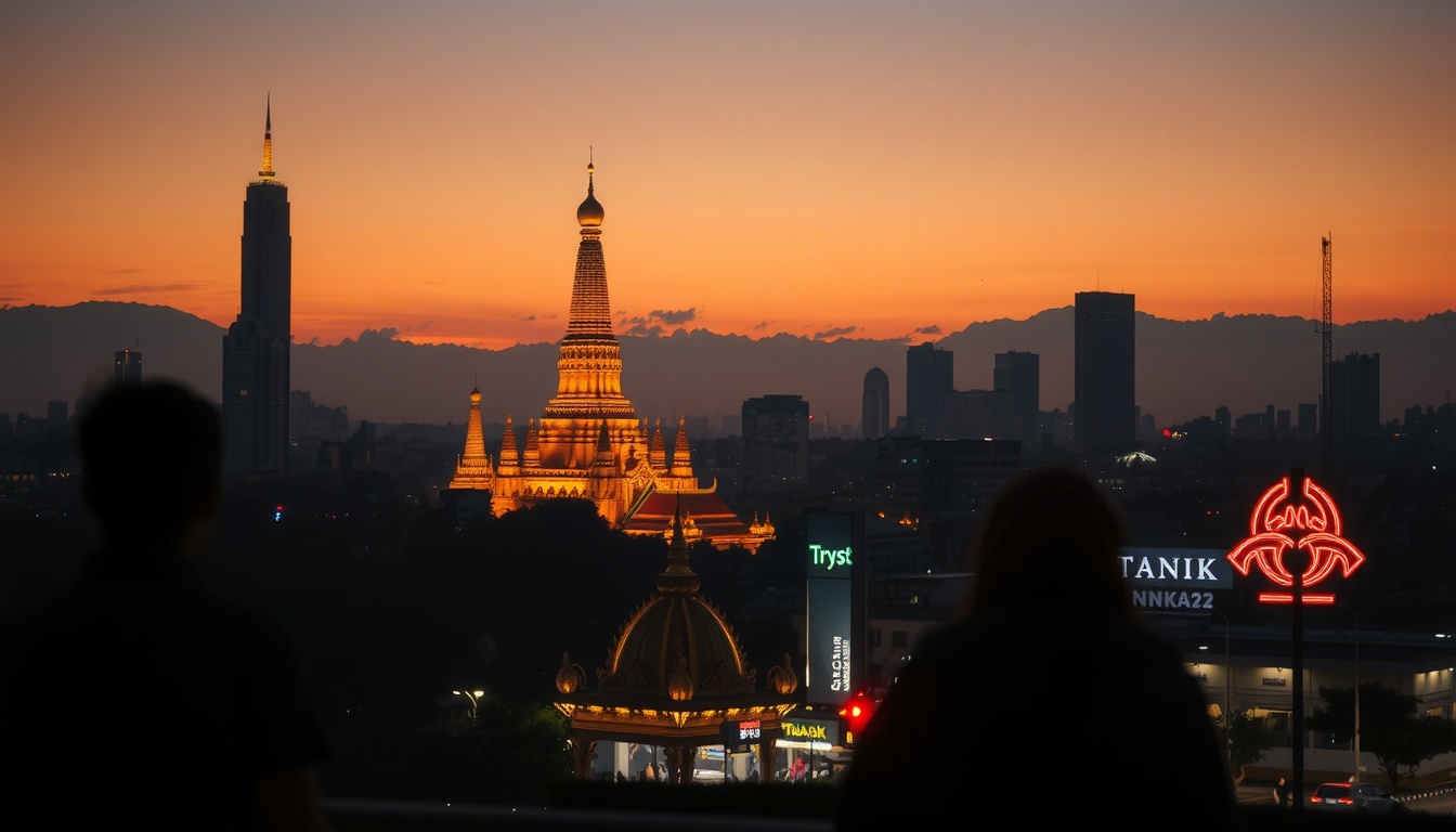 방콕 여행 - panoramic night view of Bangkok cityscape with illuminated temples and skyscrapers, Bangkok travel destination 2026