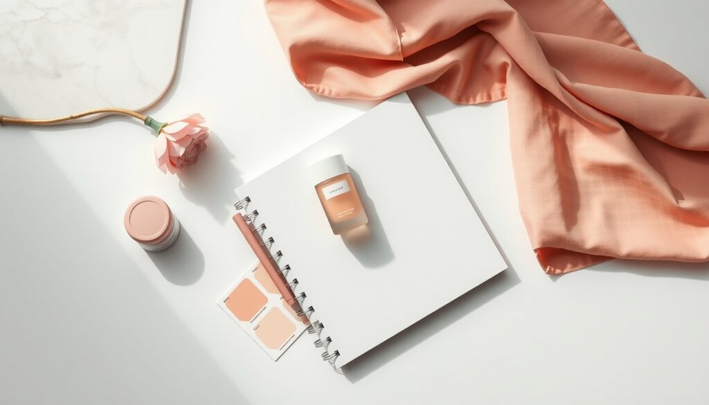 포트폴리오 제작 - flat lay of design portfolio sketchbook, tablet, and color swatches on white desk, portfolio creation concept