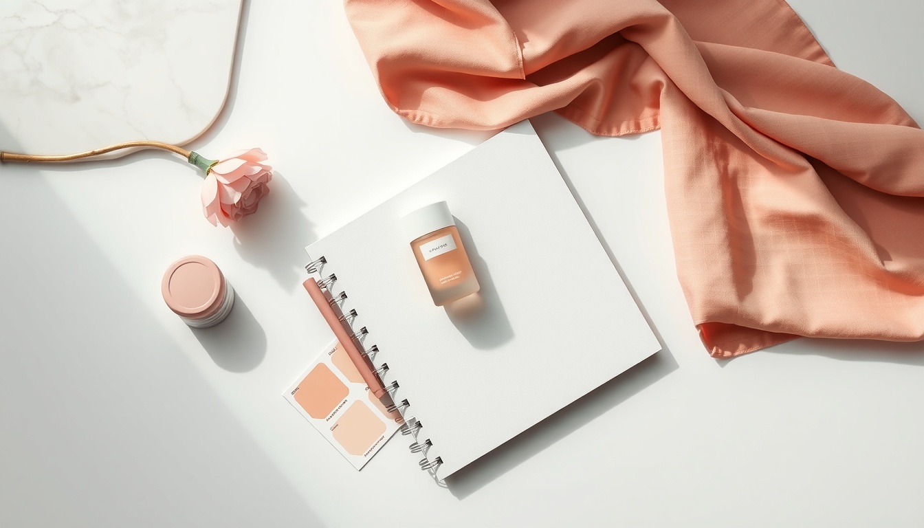 포트폴리오 제작 - flat lay of design portfolio sketchbook, tablet, and color swatches on white desk, portfolio creation concept