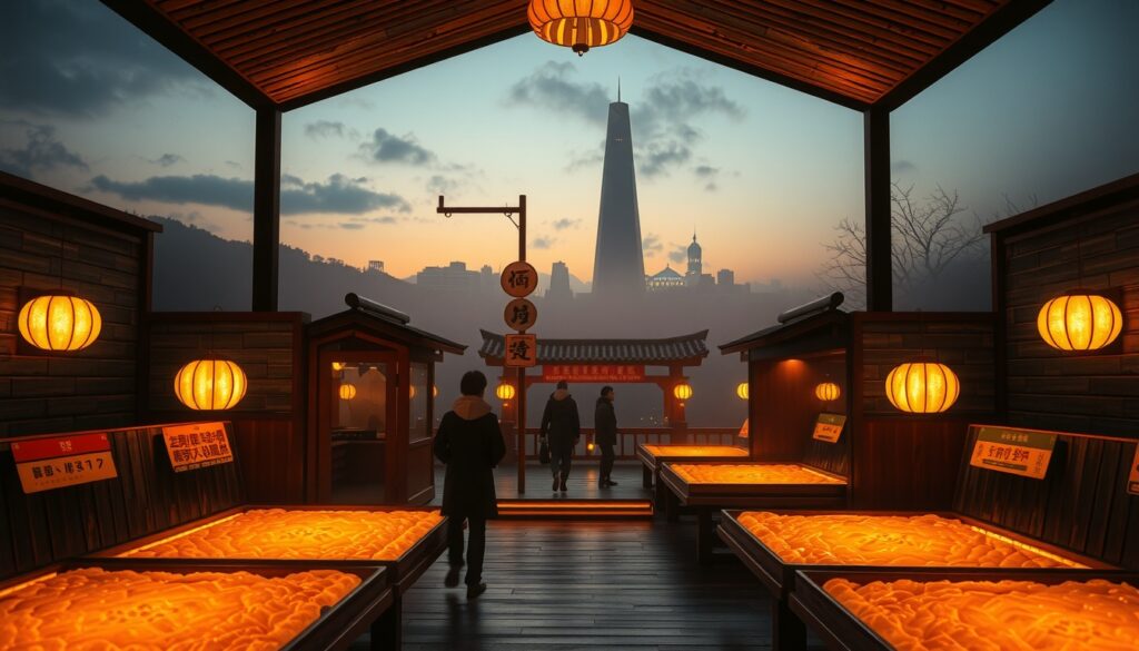 한국 가면 - cozy Korean jjimjilbang interior with warm lighting, heated floors, people relaxing in traditional Korean wellness space, flat lay style