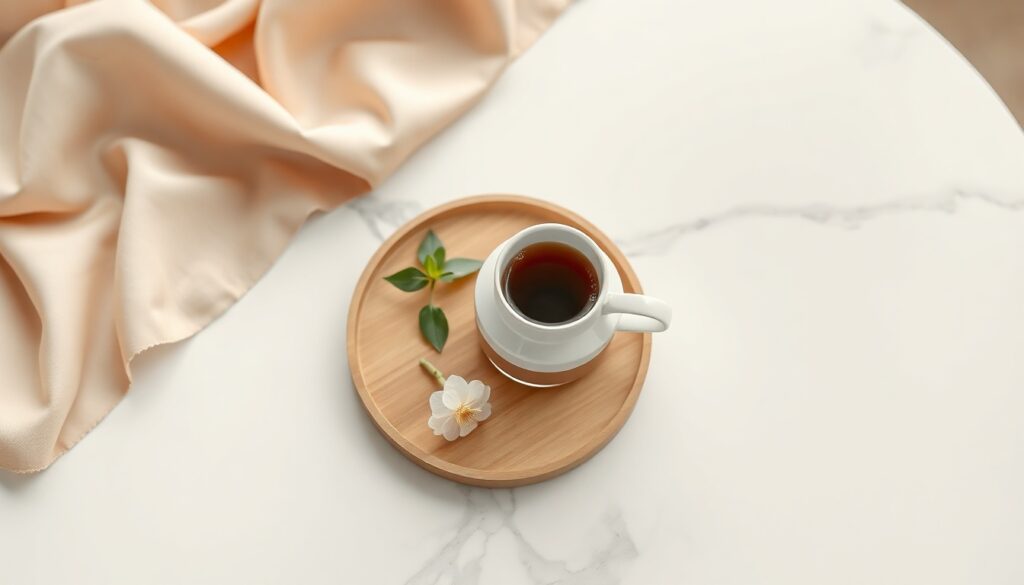 홈카페 꾸미기 - flat lay of coffee cup, small plant, and wooden tray on white marble table, home cafe styling concept