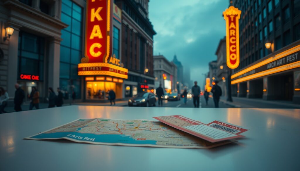 포커스 아르코가 - flat lay of travel map and theater tickets on white desk, focus arco K-arts festival travel concept, overhead view