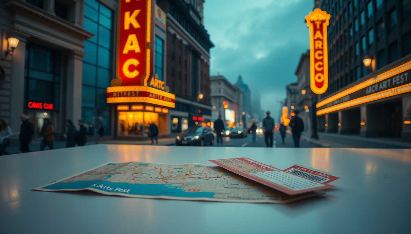 포커스 아르코가 - flat lay of travel map and theater tickets on white desk, focus arco K-arts festival travel concept, overhead view