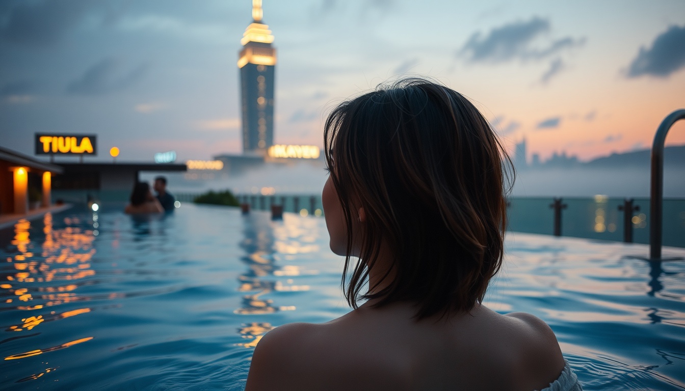 호텔업계 여름 - Korean woman upper body shot with face visible, enjoying luxury hotel pool with city view in summer, relaxed expression, natural hands holding cocktail glass