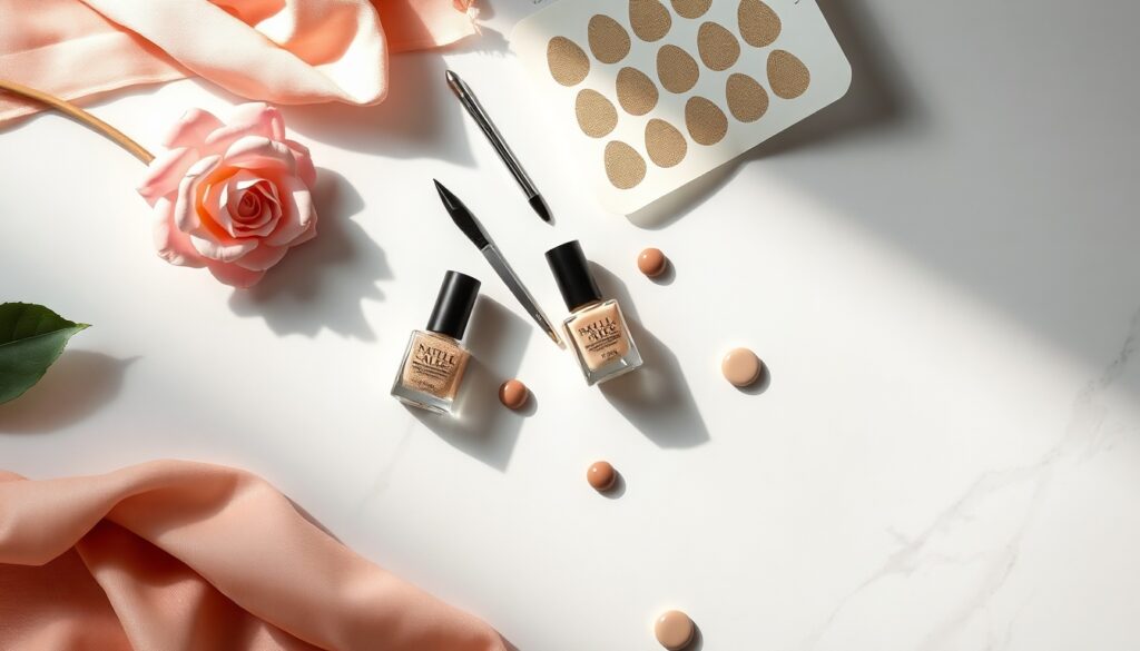 네일 아트 - flat lay of nail art tools, polish bottles, and nail stickers on white marble desk, colorful 2026 nail art trend concept