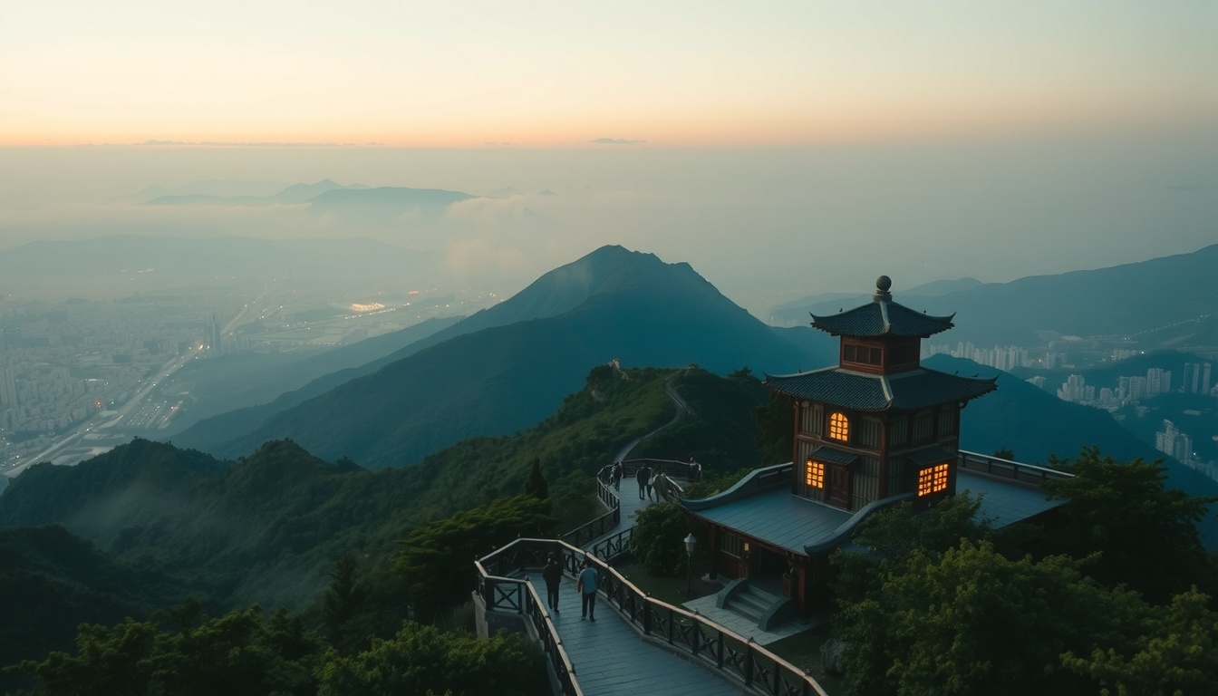 이주의 유통포인트 - aerial view of Jeju island landscape with Hallasan mountain and green trails, travel destination concept