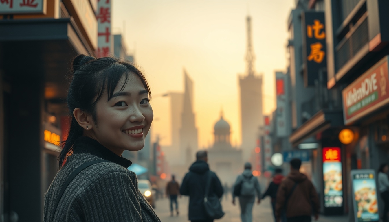 여행 코디 - Korean woman upper body shot with face visible, happy expression wearing stylish travel outfit at scenic outdoor location, natural hands holding small bag