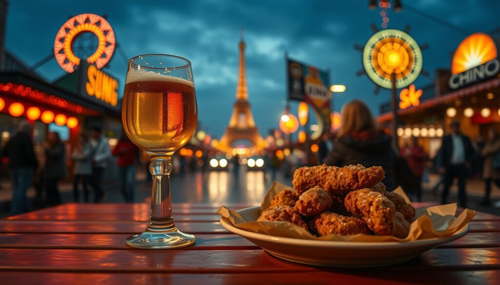 여행 치맥 - flat lay of beer glass and fried chicken on outdoor festival table with warm summer lighting, travel chimaek festival concept