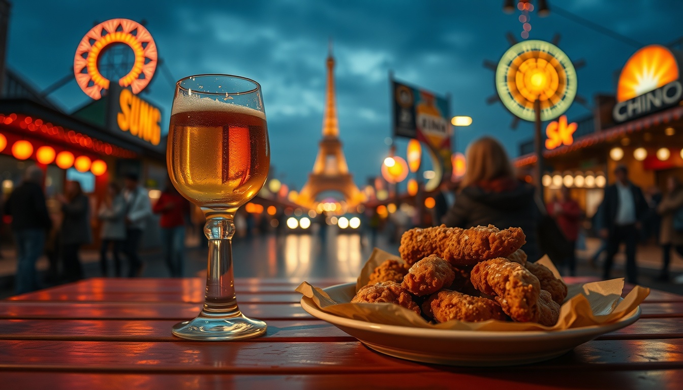 여행 치맥 - flat lay of beer glass and fried chicken on outdoor festival table with warm summer lighting, travel chimaek festival concept