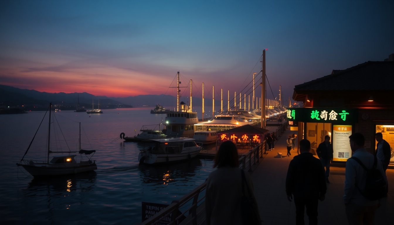 여수 여행 - aerial view of Yeosu harbor at golden hour, beautiful coastal scenery with boats and city lights reflecting on calm sea water