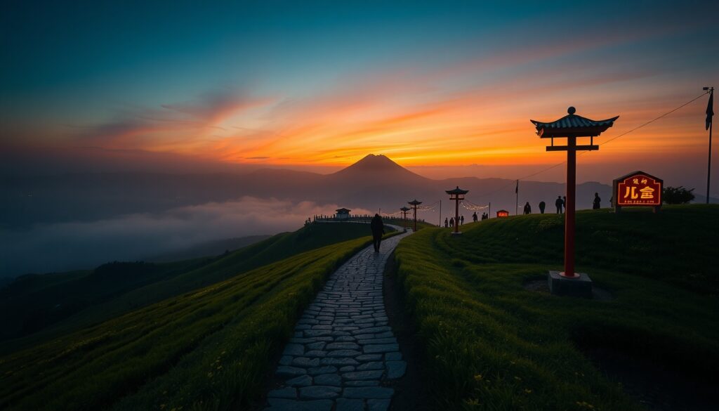 제주교구 순례길 - aerial view of Jeju Island pilgrimage trail path through green fields and volcanic landscape, serene nature scenery