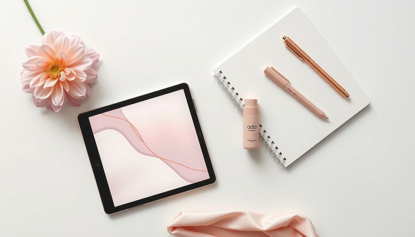 일러스트레이터 - flat lay of graphic design tablet, stylus pen, and sketchbook on white desk, Adobe Illustrator concept