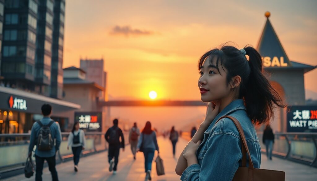 여행 코디 - Korean woman full body shot with face visible, stylish travel outfit with tote bag at airport, natural hands, warm aesthetic