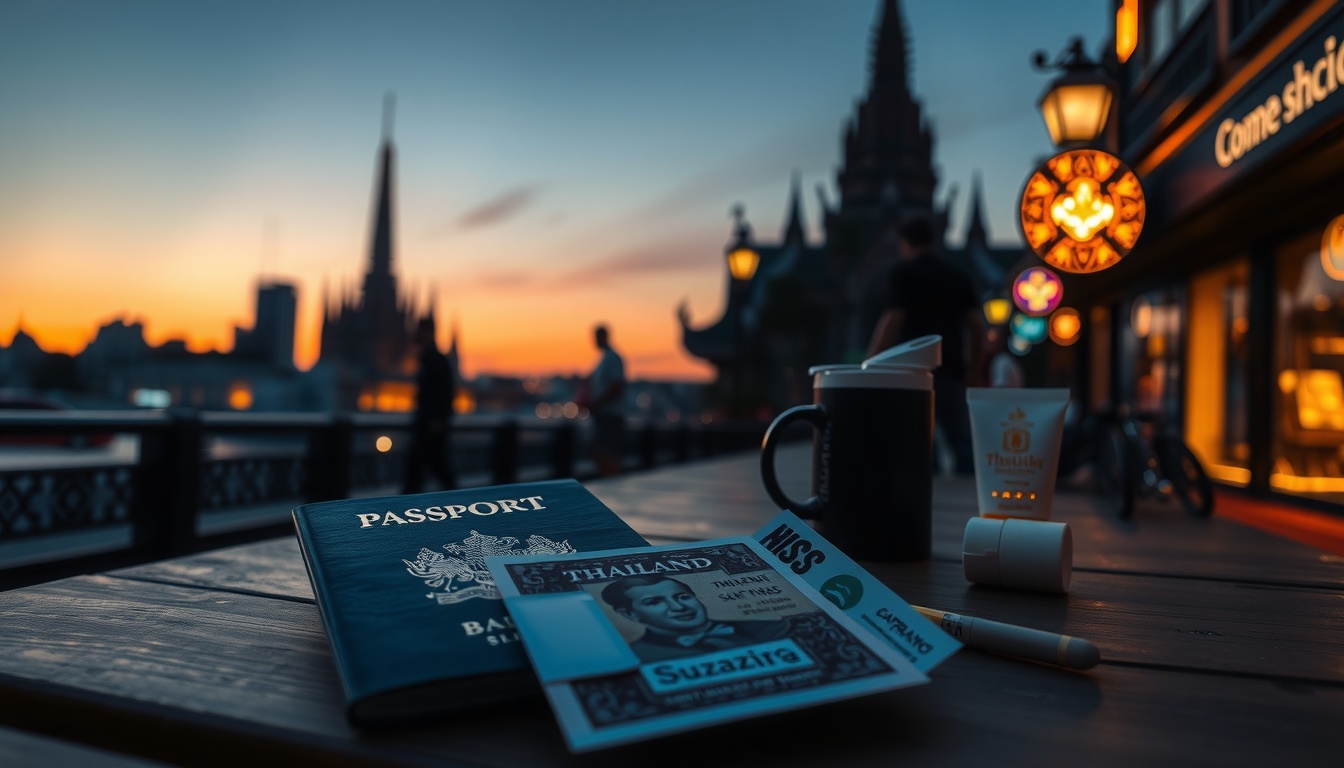 방콕 여행 - flat lay of travel essentials including passport, Thai baht currency, sunscreen and Bangkok travel map on white background, Bangkok travel concept