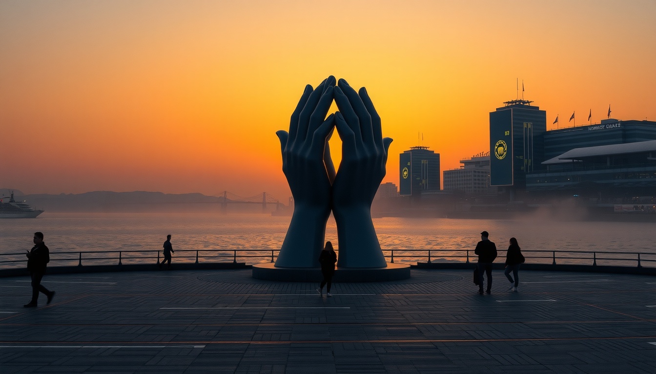 드라마 동백꽃 - Homigot Sunrise Square in Pohang, hands sculpture in the sea, golden sunset light, travel destination near When the Camellia Blooms filming location