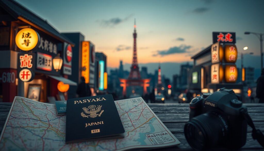 오사카 여행 - flat lay of Japan travel essentials including map of Osaka, passport, camera and cherry blossom petals on white background, Osaka travel concept