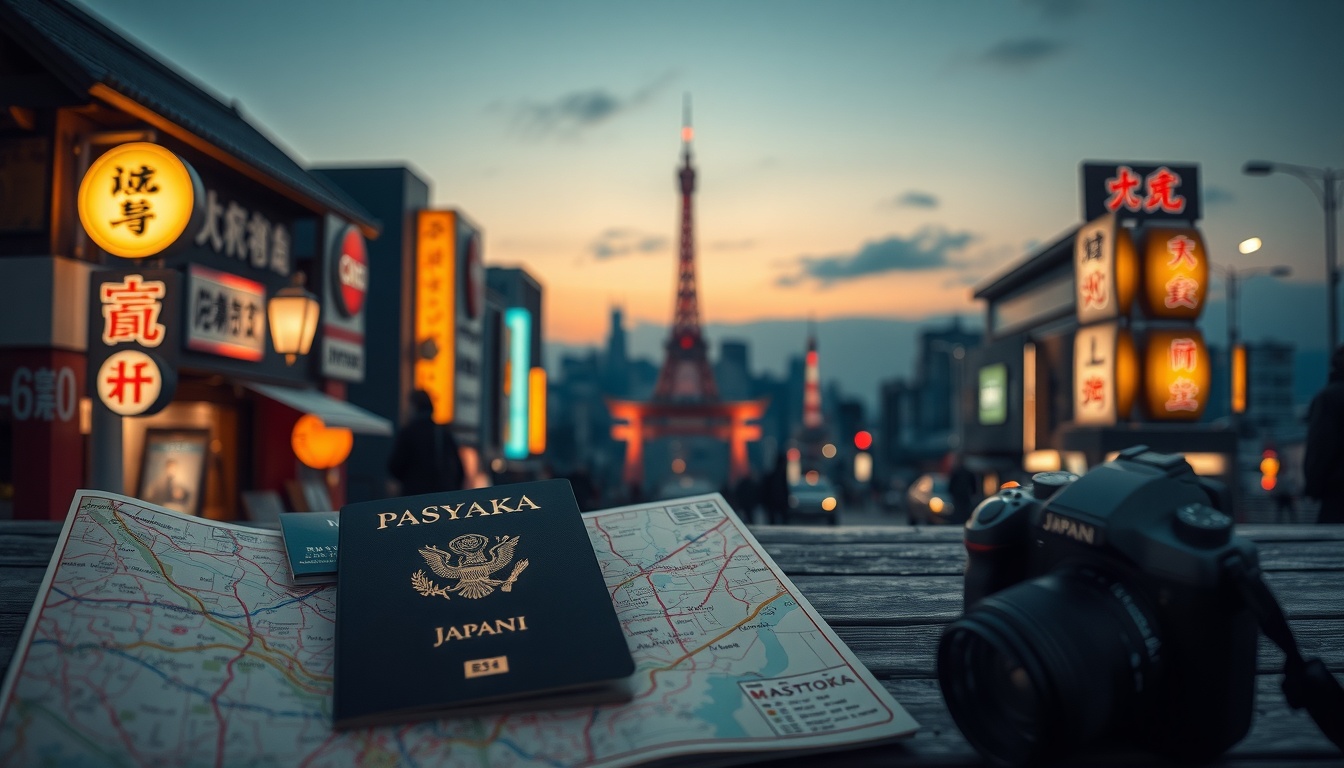 오사카 여행 - flat lay of Japan travel essentials including map of Osaka, passport, camera and cherry blossom petals on white background, Osaka travel concept