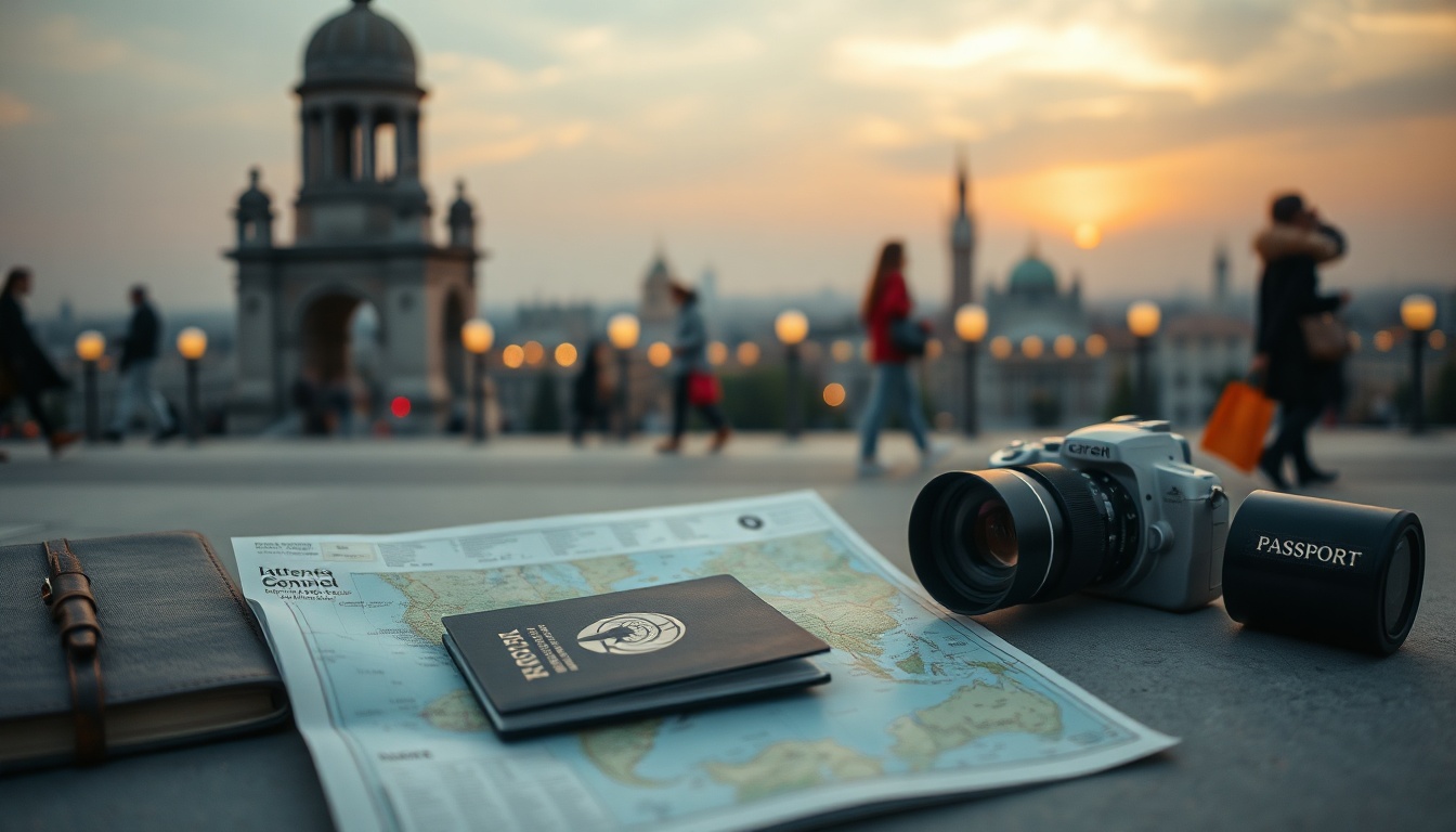 혼자 여행 - flat lay of travel essentials including passport, camera, map, and notebook on white background, solo travel preparation concept