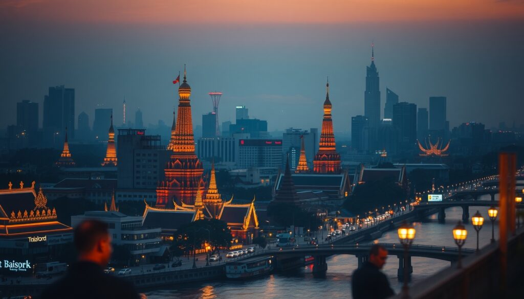 태국 여행 - aerial view of Bangkok cityscape with temples and river, Thailand travel concept, golden sunset light