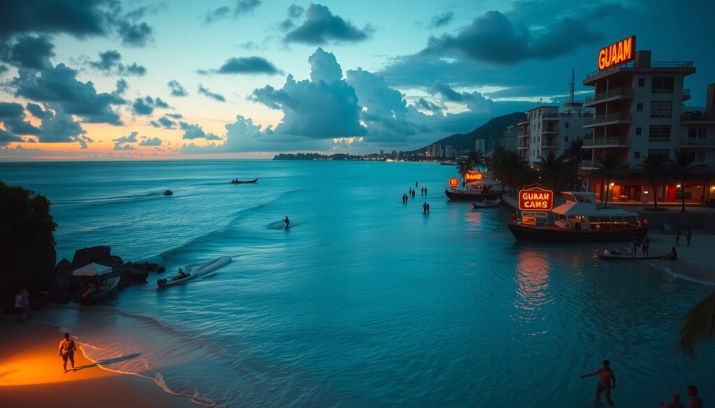 현장 스포츠 - aerial view of Guam turquoise beach with outdoor sports activities, scenic tropical landscape, sports wellness travel concept