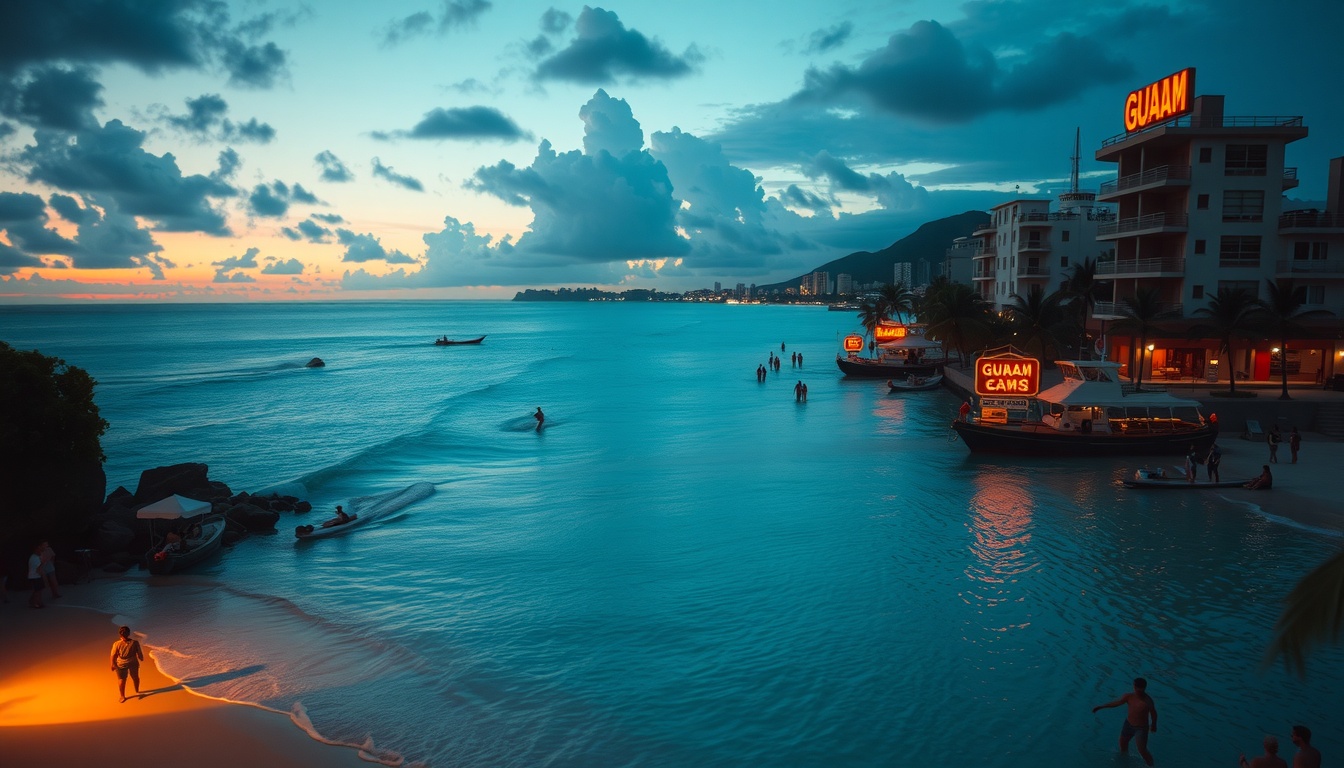 현장 스포츠 - aerial view of Guam turquoise beach with outdoor sports activities, scenic tropical landscape, sports wellness travel concept