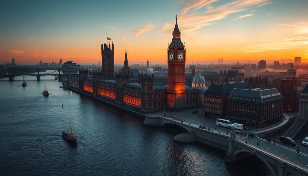 런던 여행 - aerial view of London city with Big Ben and Thames River on a sunny day, travel concept