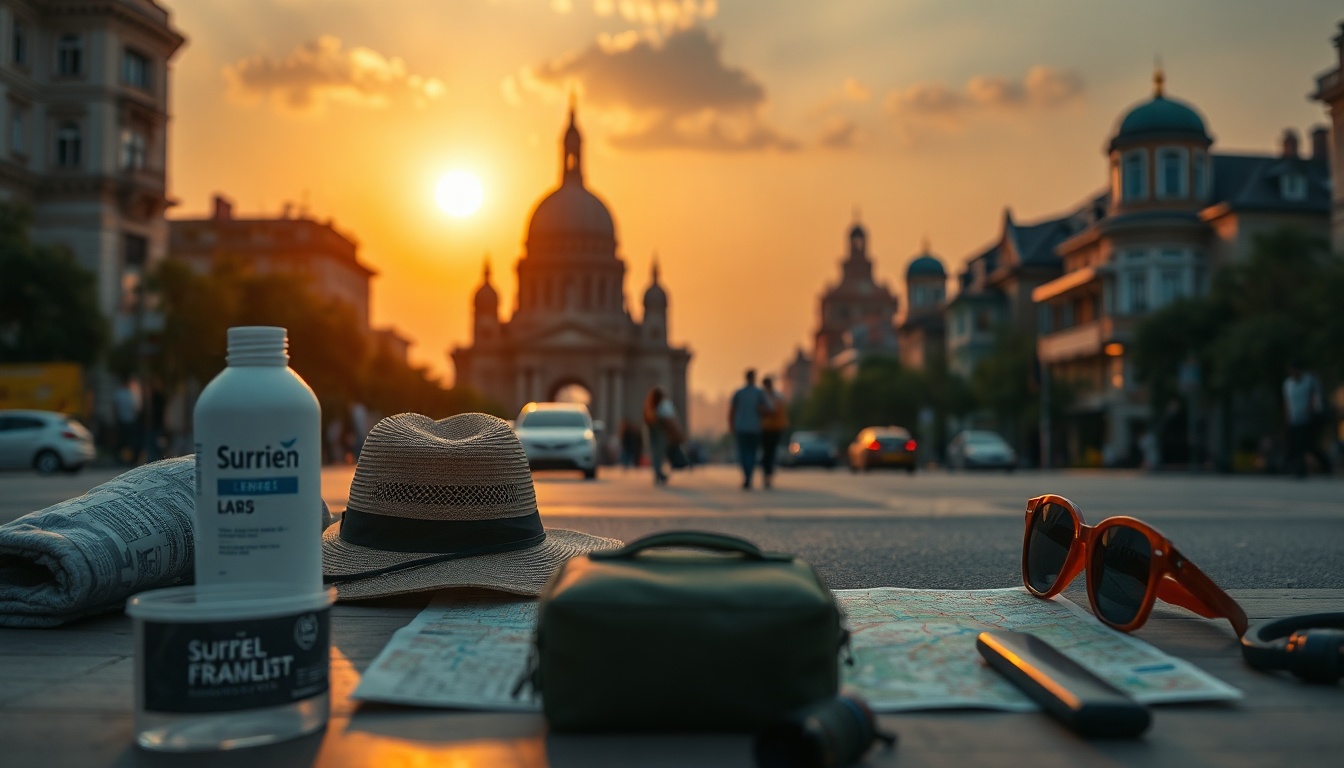 여름휴가 어디로 - flat lay of summer travel essentials including sunscreen hat sunglasses map and camera on white background, summer vacation planning concept