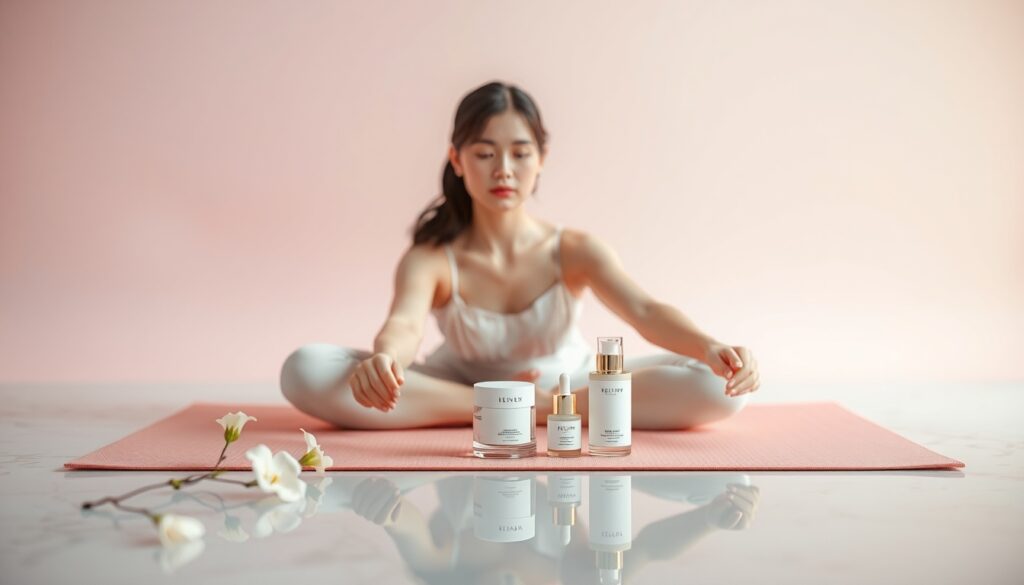 홈트 루틴 - Korean woman full body shot with face visible, doing yoga stretch on pink mat in bright cozy living room, natural hands, warm morning light