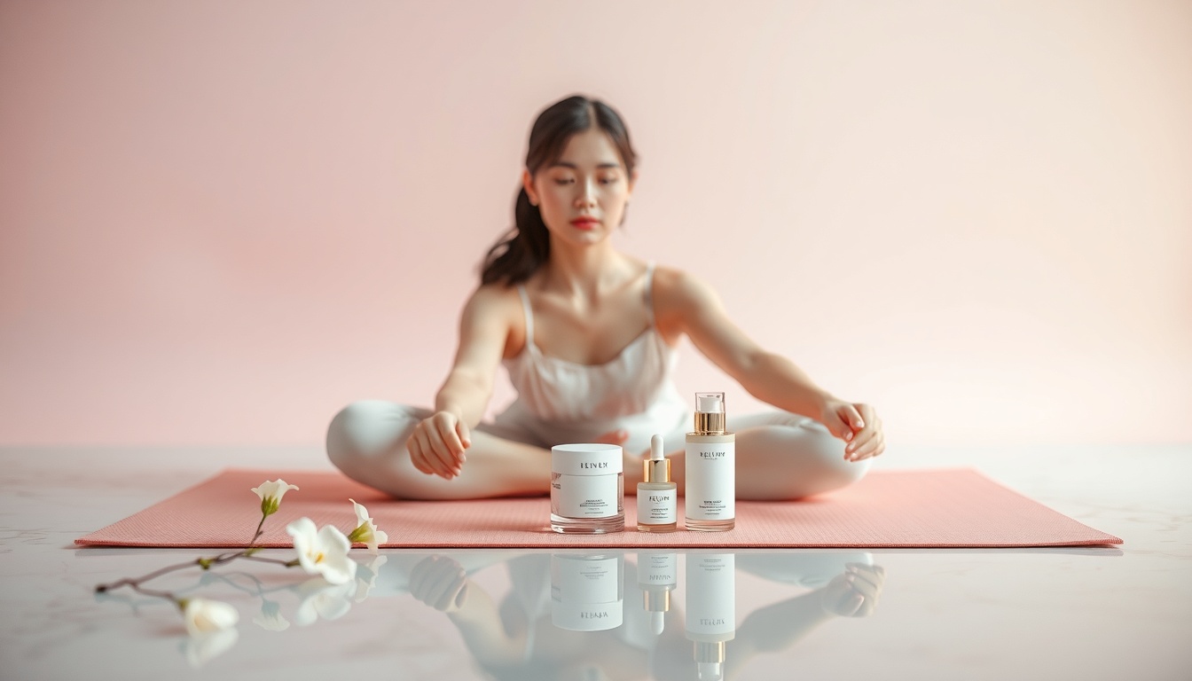 홈트 루틴 - Korean woman full body shot with face visible, doing yoga stretch on pink mat in bright cozy living room, natural hands, warm morning light
