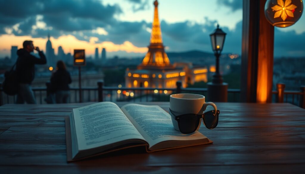 풍경만큼 오래 - flat lay of open book, coffee cup, and sunglasses on a wooden table at a scenic travel destination, landscape view in background