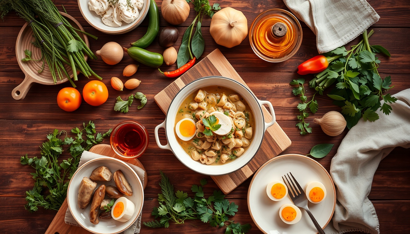 뻔한 먹방 - flat lay of fresh local ingredients on a rustic wooden table with herbs, vegetables, and cooking utensils, local food travel concept