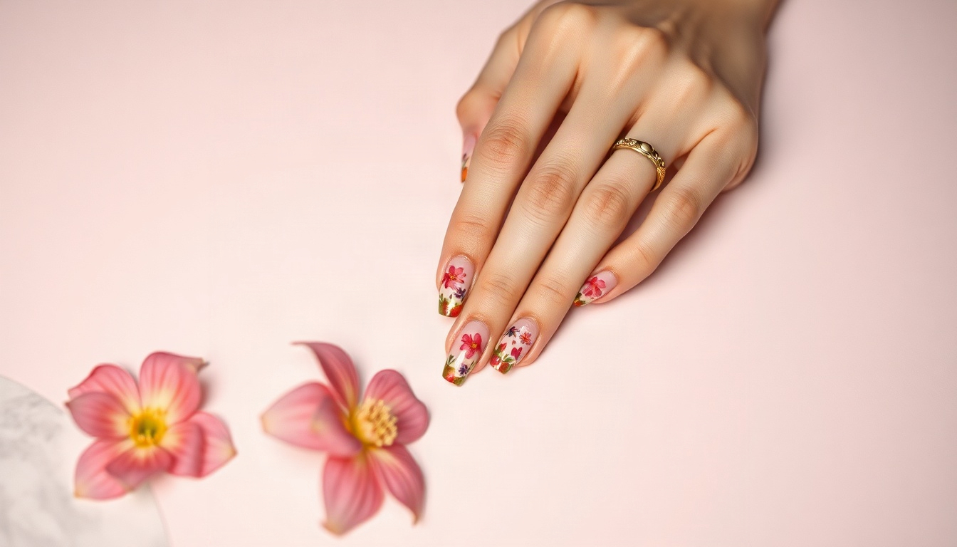 네일 아트 - Korean woman upper body shot with face visible, showing colorful floral nail art on her hands with natural hands pose, soft natural lighting