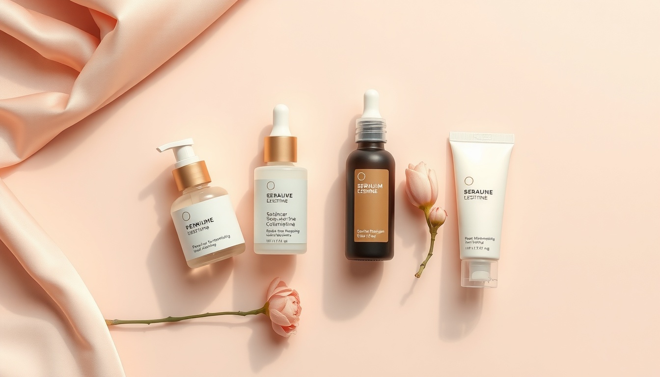 스킨케어 루틴 - flat lay of skincare routine essentials including toner serum moisturizer and sunscreen on pink background, morning skincare products